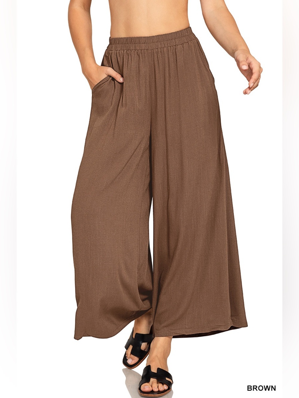 Zenana Brown Woven Elastic Band Pants With Pocket - Picture 1 of 1